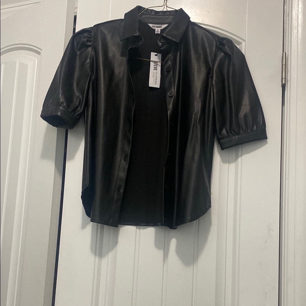 Black Faux Leather Button-Up Shirt